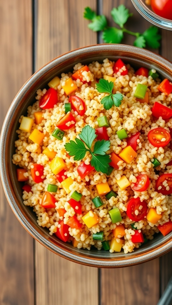 A bowl of Spanish quinoa with bell peppers and tomatoes, garnished with parsley, on a wooden table.
